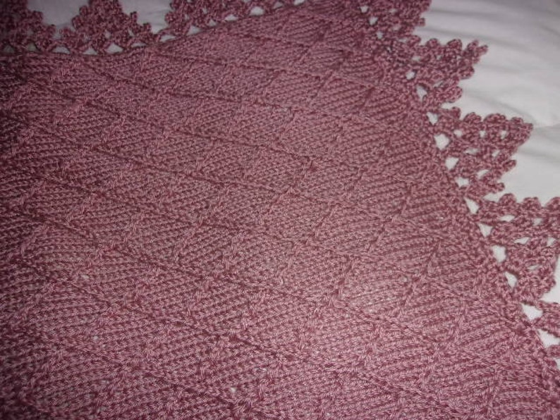 many colors Hand knit baby blanket in diamond pattern with crocheted border made to order