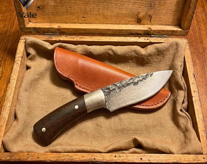 Handmade Hunting Knife, Hammer Forged C-12 Carbon Steel, Rosewood Handle, Leather Sheath