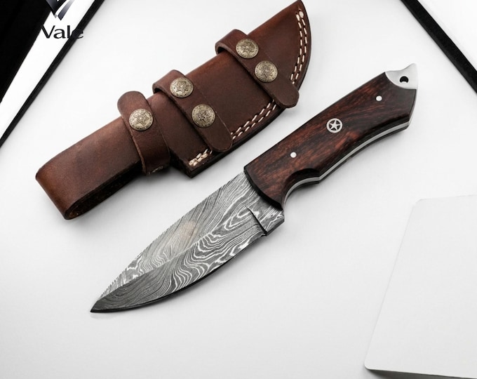 Handmade Damascus Ladder Bowie Knife, Stag Horn Rosewood Handle, Brass Fittings, Leather Sheath