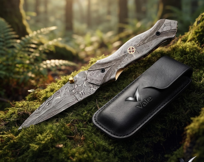 Damascus Folding Pocket Knife  1095 15N20 Handmade Steel Handle