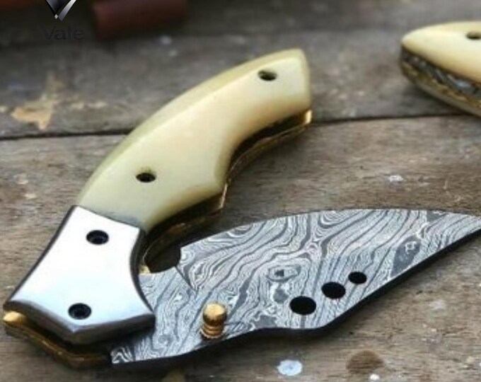 Handmade Damascus Folding Knife, Bull Bone Handle, Steel Spacers, Leather Sheath