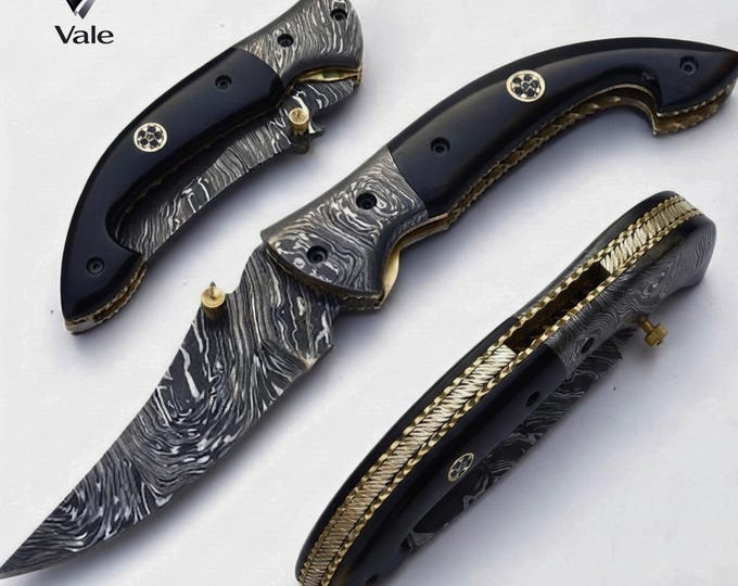 Handmade Damascus Folding Knife, Cow Horn Handle, Brass Spacers, Leather Sheath