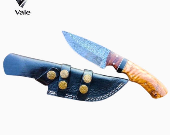 Damascus Hunting Knife, Handmade Skinner with Wood Handle, Leather Sheath, Groomsmen Gift for Men