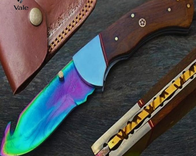Handmade Rainbow Titanium Folding Knife, Rosewood Handle, Steel Spacers, Leather Sheath