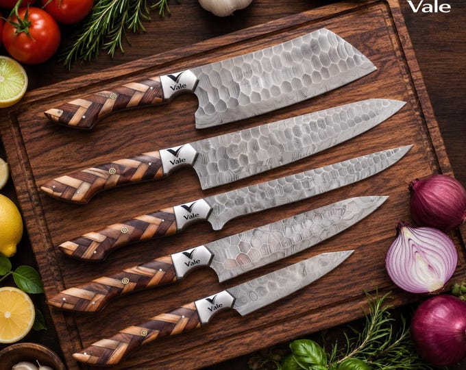 Vale 5-Piece Hammered Blade Chef Knife Set, Layered Wood Handle, Gift Box