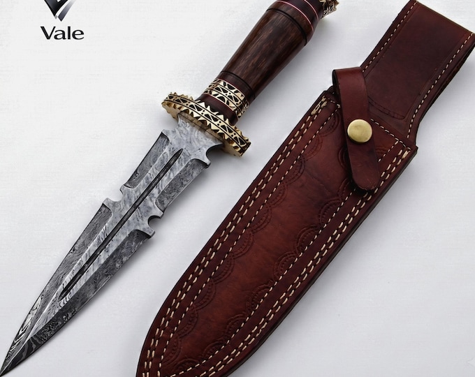 Handmade Damascus Steel Dagger, Double Edge Blade, Rosewood Handle, Brass Fittings, Leather Sheath