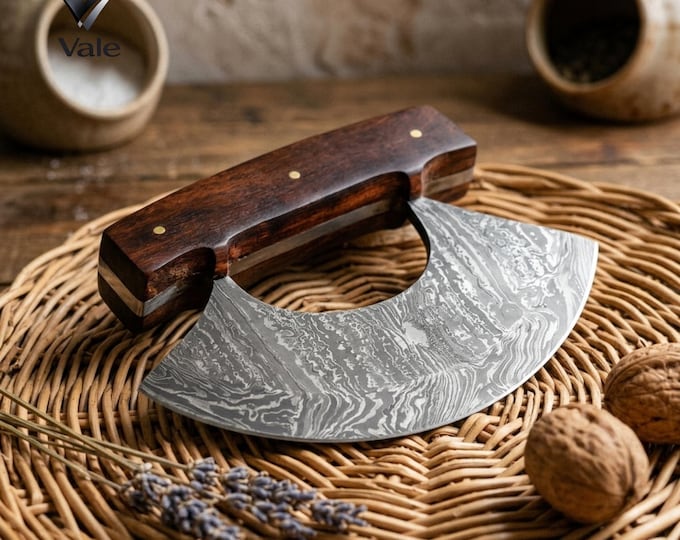 Handmade Damascus Ulu Knife, Curved Blade, Rosewood Handle, Tooled Leather Sheath