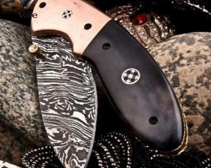 Handmade Damascus Steel Folding Knife, Cow Horn Handle, Brass Spacers, Leather Sheath
