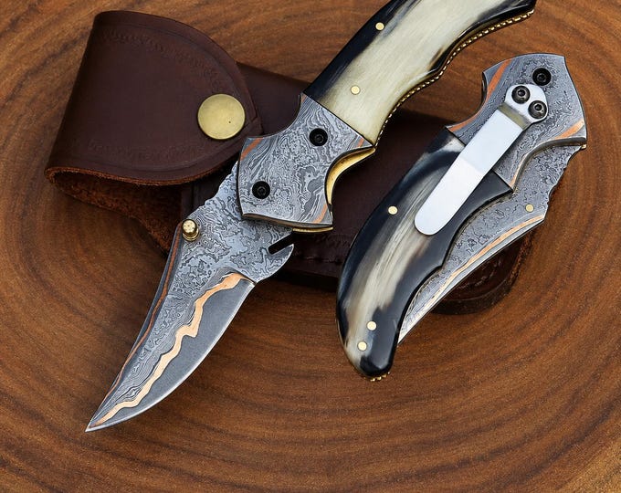 Damascus Folding Pocket Knife, 67 Layer Damascus Steel, Natural Horn Handle, Handmade EDC Knife