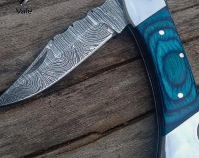 Turquoise Wood Damascus Knife, Multi Color Handle, Leather Sheath, Hunting Camping Gift