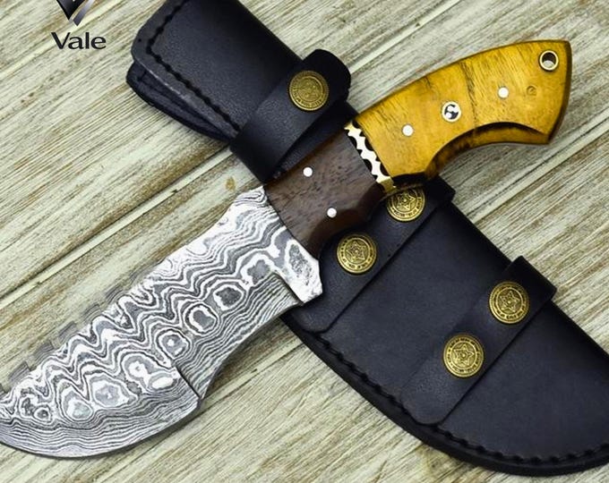 Damascus Steel Skinner and Tracker Knife with Sheath, Handmade Wood Handle, Gift for Him