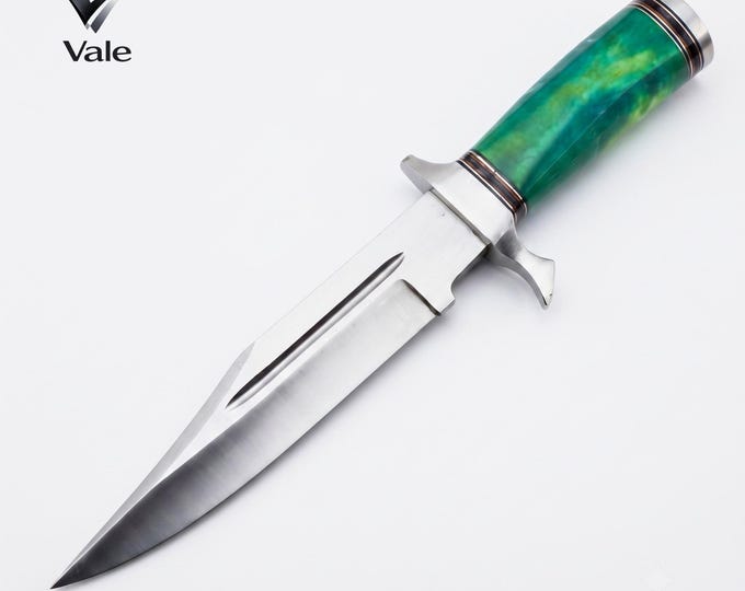Handmade D2 Steel Dagger, Double Edge Blade, Green Camel Bone Handle, Leather Sheath