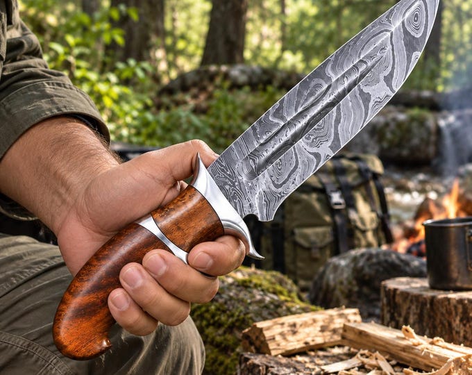 Handmade Damascus Steel Bowie Knife, Rosewood Handle, Leather Sheath
