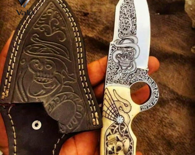 Fixed Blade Hunting Knife, Camel Bone Handle, D2 Steel, Engraved Skull Design, Leather Sheath