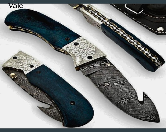 Damascus Gut Hook Knife, Blue Wood Handle, Folding Hunting Knife, Leather Sheath, Groomsmen Gift