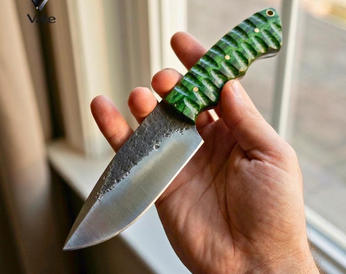Handmade D2 Steel Hunting Knife, Hammer Forged Finish, Green Dyed Wood Handle, Leather Sheath