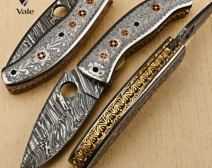 Handmade Damascus Folding Knife, Engraved Steel Handle, Copper Inlay, Leather Sheath