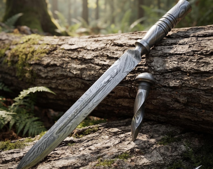 Handmade Damascus Hunting Sword with Damascus Steel Handle | Fixed Blade Outdoor Survival Knife | Camping Bushcraft Collectible Gift