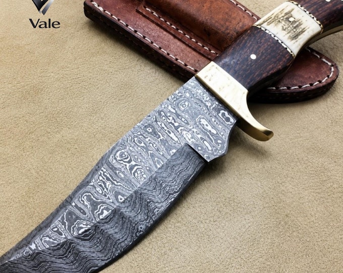 Handmade Damascus Ladder Bowie Knife, Stag Horn Rosewood Handle, Brass Fittings, Leather Sheath