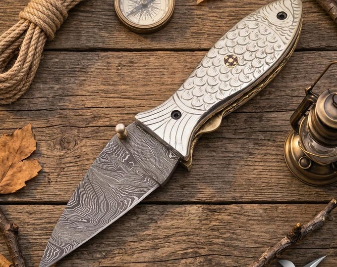 Handmade Damascus Folding Knife, Engraved Steel Handle, Brass Details, Leather Sheath