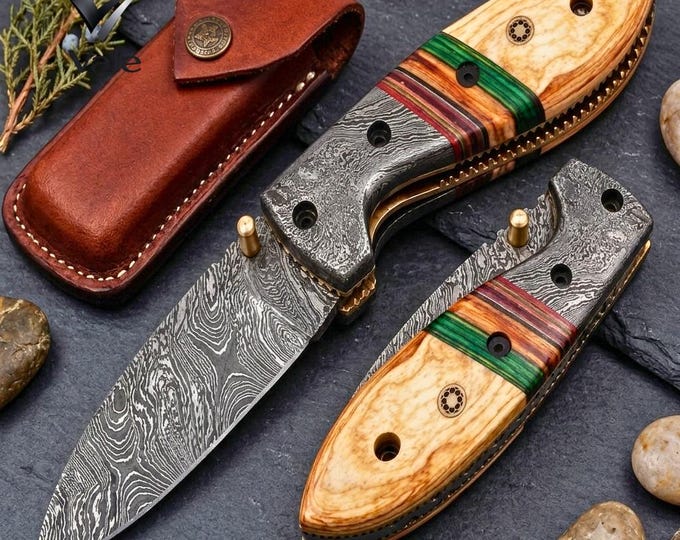 Handmade Damascus Folding Knife, Multicolor Wood Handle, Damascus Spacers, Leather Sheath