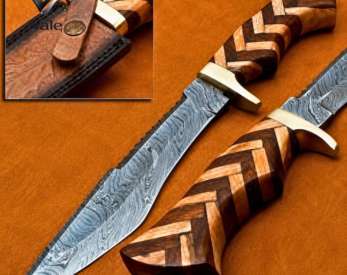 Handmade Damascus Bowie Knife, Herringbone Wood Handle, Brass Guard, Leather Belt Sheath
