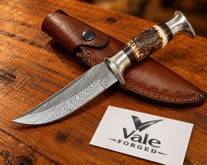 Handmade Damascus Hunting Knife with Stag Antler Handle, Fixed Blade & Leather Sheath