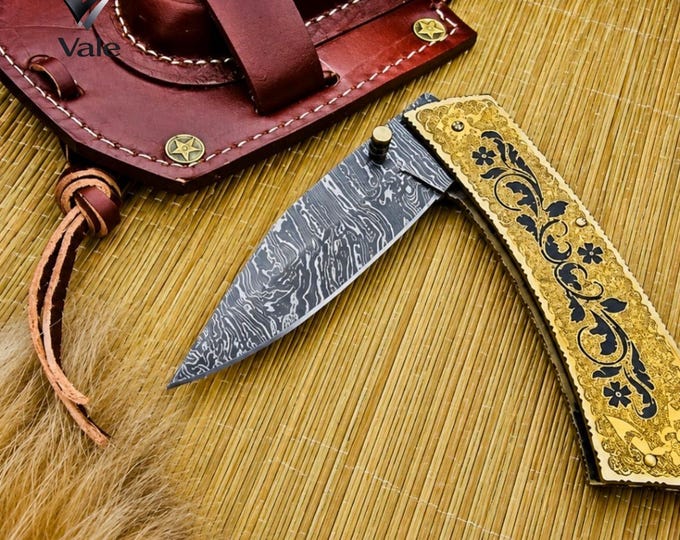 Handmade Damascus Folding Knife, Engraved Brass Handle, Leather Sheath, Collector Gift