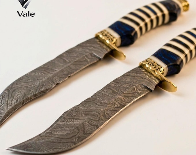 Handmade Damascus Bowie Knife, Blue Camel Bone Ring Handle, Brass Fittings, Leather Sheath
