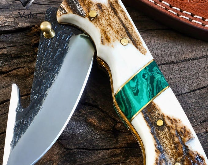 Stag Horn Gut Hook Hunting Knife, D2 Steel, Malachite Inlay, Leather Sheath, Groomsmen Gift