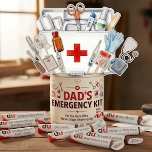 Könnte beinhalten: Eine dekorative "Papa's Notfall-Kit" Dose mit medizinischen Ausschnitten, darunter ein Erste-Hilfe-Kasten, eine Schere und ein Stethoskop. Pflasterförmige Süßigkeiten mit Botschaften sind um die Dose herum angeordnet.