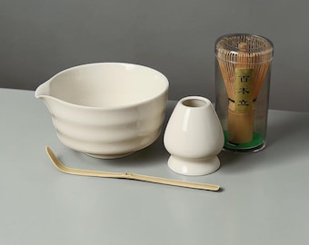 Juego de cuencos de cerámica blanca hechos a mano para matcha con soporte para batidor, kit para la ceremonia del té japonesa, juego de 7 piezas.