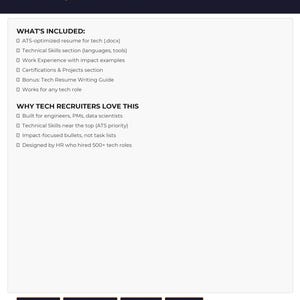 May include: A tech resume template with the title "Tech Resume Template" in white text on a dark blue background. The template includes sections for technical skills, work experience, and certifications. The bottom of the image has buttons for "Tech Resume", "Instant Download", "ATS-Friendly", and "Word .docx".