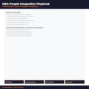 Könnte beinhalten: Ein weißes Dokument mit dem Titel "M&A People Integration Playbook" und dem Untertitel "The HR Leader's Guide to Mergers & Acquisitions". Das Dokument listet wichtige Themen auf, darunter einen 100-Tage-Integrationszeitplan, eine Kulturbewertung und Kommunikationsvorlagen.
