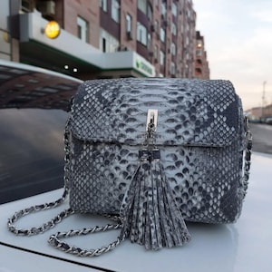 Op de afbeelding: Een grijze en witte crossbodytas met slangenpatroon en een zilveren kettingriem. De tas heeft een klepsluiting en een decoratieve kwast. De tas staat op een wit oppervlak.