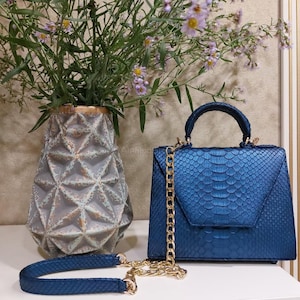 May include: A blue handbag with a snakeskin pattern, featuring a top handle and a gold chain strap. The bag is rectangular with a flap closure. A matching blue strap is also visible. A decorative vase with flowers is in the background.