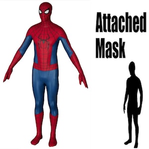 May include: A full-body red and blue spandex costume featuring a black spider emblem on the chest, a web pattern across the red sections, and an attached mask with white eye lenses. The text "Attached Mask" appears next to a black silhouette.