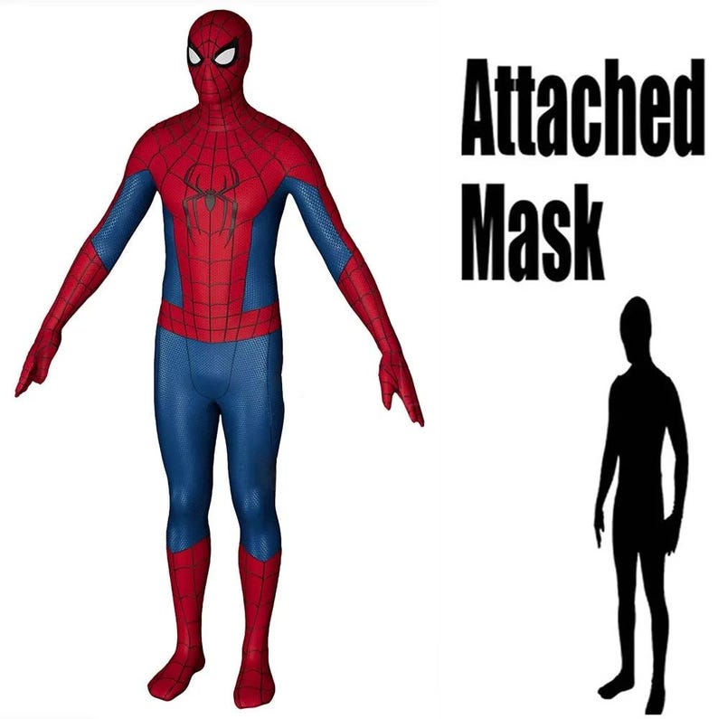 May include: A full-body red and blue spandex costume featuring a black spider emblem on the chest, a web pattern across the red sections, and an attached mask with white eye lenses. The text "Attached Mask" appears next to a black silhouette.