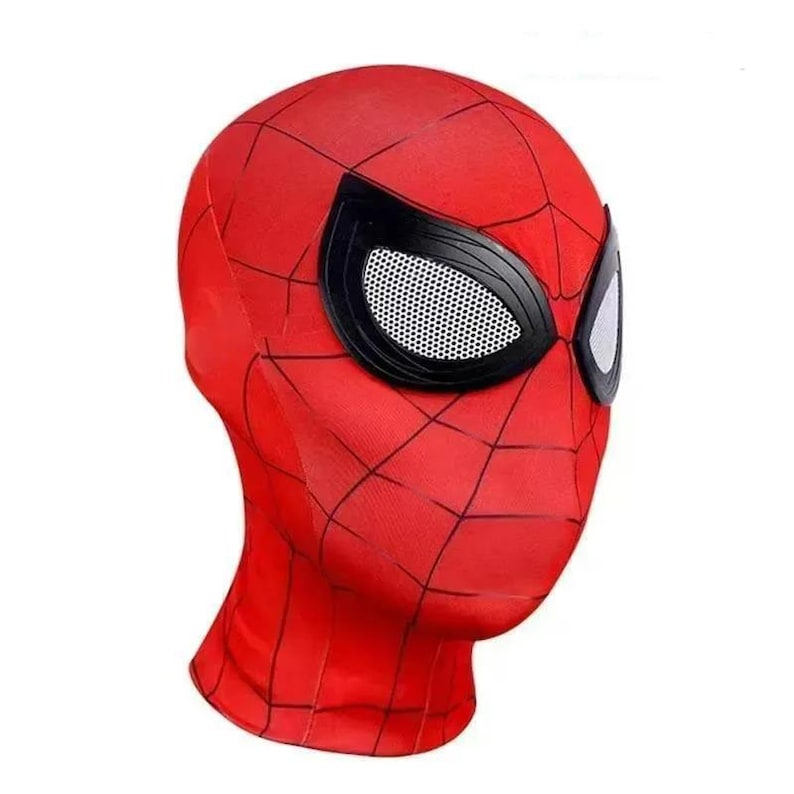 May include: A red fabric mask featuring a black web pattern across the surface. The mask includes two large, almond-shaped eye openings framed in thick black borders, with white mesh lenses covering the eye areas for a full-head covering design.