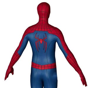 May include: A full-body spandex costume featuring a red and blue color scheme with a black web pattern. The back displays a large red spider emblem centered on the blue torso section, with red sleeves and a matching red hood covering the head.