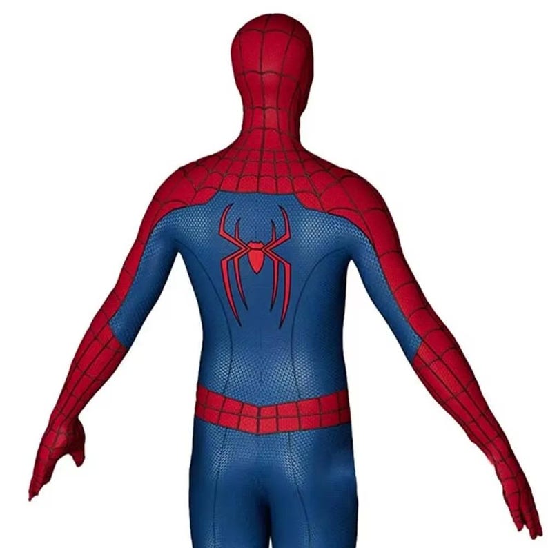 May include: A full-body spandex costume featuring a red and blue color scheme with a black web pattern. The back displays a large red spider emblem centered on the blue torso section, with red sleeves and a matching red hood covering the head.