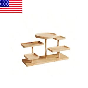 May include: A multi-tiered wooden display stand with a natural finish. The stand features a round top, several rectangular shelves, and a long rectangular base. The shelves are supported by slender wooden posts, creating a tiered effect. The stand is designed to showcase items.