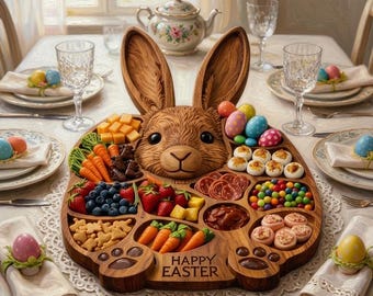Easter Bunny Wooden Serving Tray | Divided Snack Platter Board