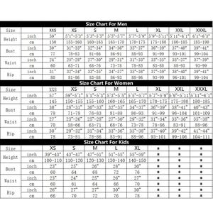 May include: A black and white size chart table featuring three distinct sections labeled Size Chart For Men, Size Chart For Women, and Size Chart For Kids. The grid displays height, bust, waist, and hip measurements in both inches and centimeters.