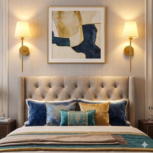 May include: A bedroom scene featuring a tufted headboard, decorative pillows in shades of blue and gold, and a bedspread with teal accents. Two wall sconces with cream-colored shades flank a framed abstract artwork. The room is illuminated by warm, soft lighting.