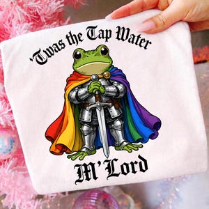 Könnte beinhalten: Weißes rechteckiges Kissen mit einem Cartoon-Frosch-Ritter mit Regenbogenumhang und Rüstung, der ein Schwert hält. Der Text auf dem Kissen lautet "Twas the Tap Water M'Lord" in schwarzer gotischer Schrift.