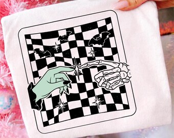 Witch Skeleton Hands PNG, Retro Checkerboard Halloween Sublimation Design, Gothic Trendy Halloween PNG, Wavy Check File