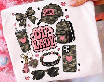 Ol Lady Energy PNG, Camouflage Sticker Sheet Clipart Bundel, Trendy Camouflage Sublimatie Set, Biker Girl Digitale Download PNG-bestand