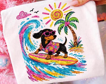 Grappige teckel zomer PNG, retro teckel strandshirt ontwerp, teckel zwembad drijfafbeelding, schattig zomer vakantie sublimatie T-shirt PNG