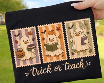 Trick or Teach PNG, Vintage Postage Stamp Ghost Sublimation Design, Halloween Teacher Ghost PNG, Cute Fall Teacher Gift File